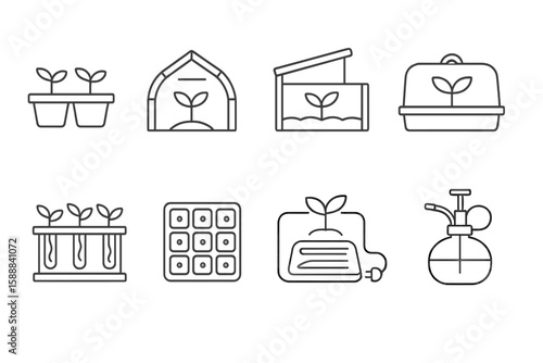 Gardening line icon set. plant care, greenhouse, hydroponics icons in linear style