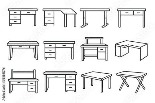 Desk furniture outline icon set. tables, workspaces, desks line art collection