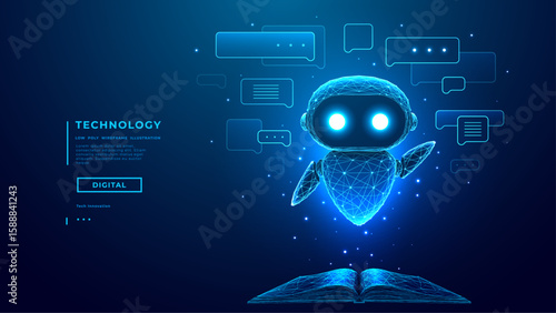 Hologram of AI Robot or Chatbot with Speech Bubbles Fly Over Opened Book on Technology Blue Background. AI Chat Bot Mascot. Low Poly Wireframe Tech Bg. Support Assistant. Digital Vector Illustration.