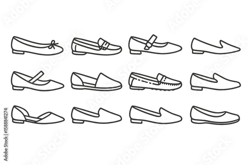 Footwear outline icon set. shoes, sandals, loafers in line art style