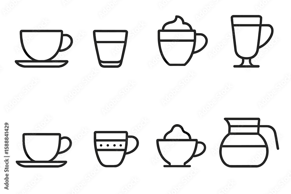 Fototapeta premium Coffee and tea outline icon set. cups, mugs, beverages, drinks in linear style