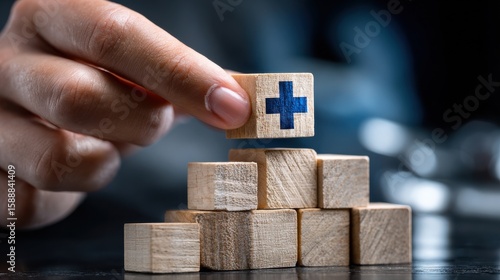 A hand is holding a wooden block with a cross on it