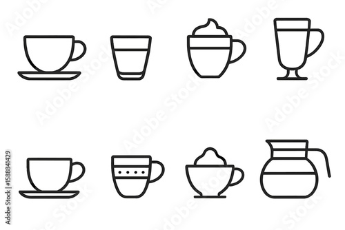 Coffee and tea outline icon set. cups, mugs, beverages, drinks in linear style