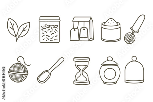 Tea and coffee linear icon set. brewing tools and accessories in outline collection