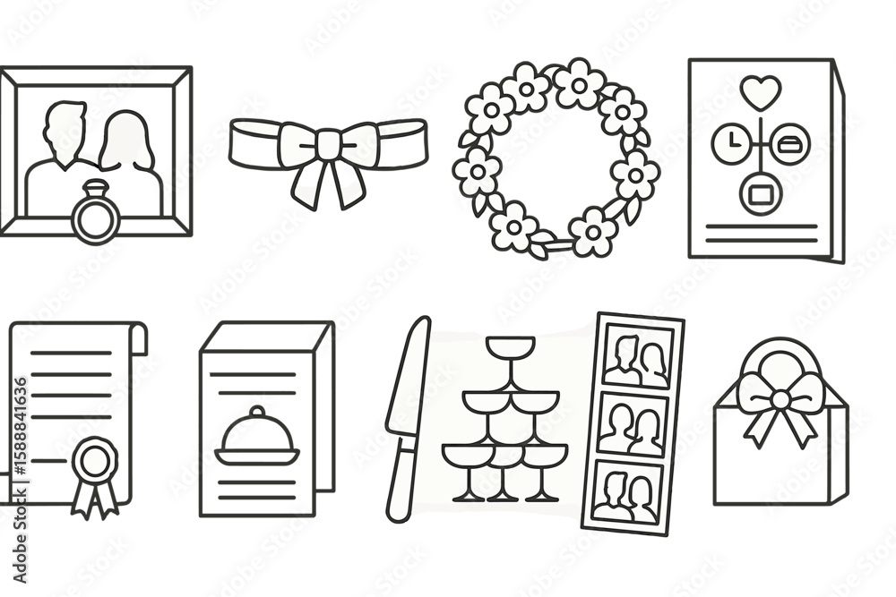 Fototapeta premium Wedding, romance outline icon set. ceremony, celebration, love linear collection