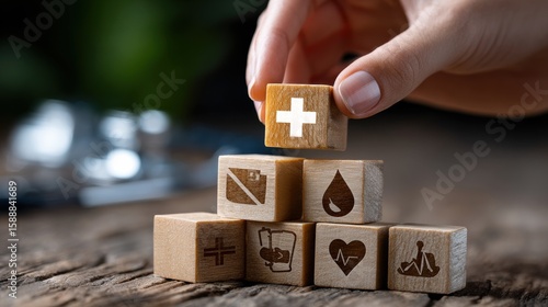 A person is holding a stack of wooden blocks with a cross on top