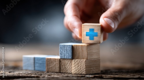 A hand is holding a wooden block with a blue cross on it