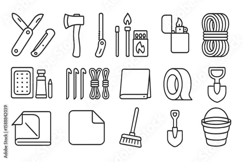 Camping tools outline icon set with equipment, gear, and survival essentials
