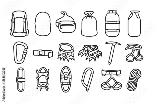 Camping essentials line icon set. outdoor, hiking, gear, equipment, tools