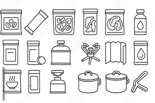 Camping gear icon set. outdoor equipment essentials in outline style
