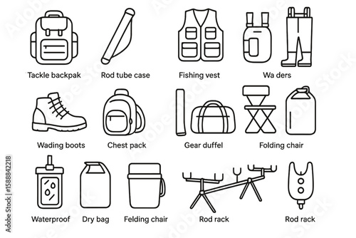 Fishing gear outline icon set. tackle, waders, vest, boots, and rod icons collection