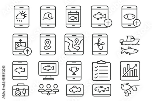 Fishing and navigation icon set. map, fish, boat, line, outline style collection