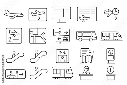 Travel and transport line icon set. navigation, flight, map outline collection