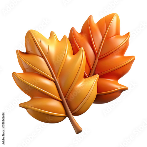 Two stylized 3d rendered autumn leaves in warm orange and yellow hues against a solid black background