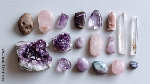Assorted crystals and stones arranged on a light surface
