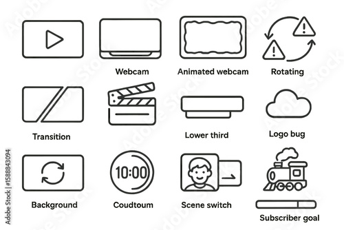 Streaming solid icon set. video, transition, webcam, cloud, countdown visuals