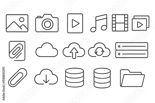 Multimedia, cloud outline icon set. camera, music, data storage line collection