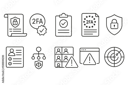 Security and authentication line icon set. cyber, protection, 2fa, shield icons outlined