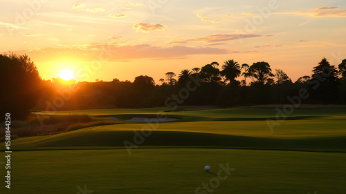 Wallpaper Mural Golf course, in a sunrise, green field and trees in the background, many details of realism. Generative AI Torontodigital.ca