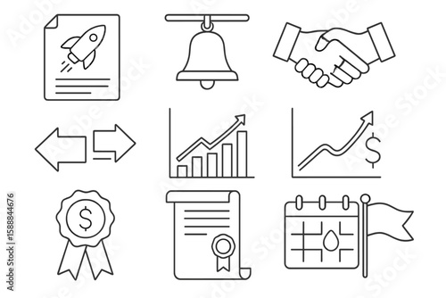 Business and finance outline icon set: growth, agreement, certification, calendar