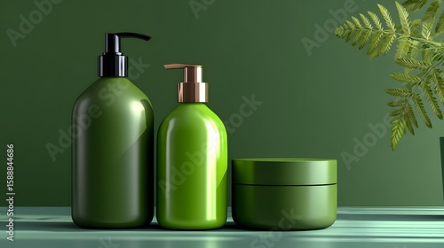 Green Bottles and Containers of Natural Skincare Products on a Minimalist Tabletop