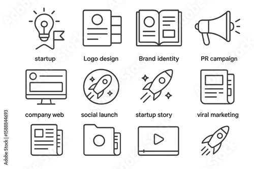 Marketing and startup icon set. linear style icons for business branding and pr campaigns