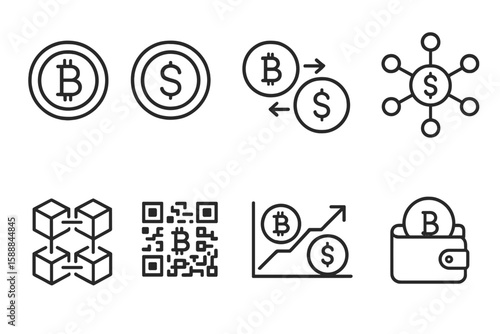 Cryptocurrency and finance line icon set. blockchain, bitcoin payment symbols