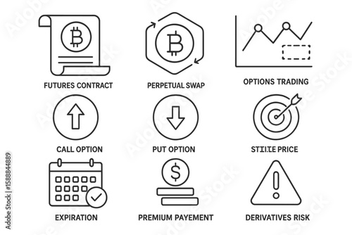 Finance, trading line icon set. cryptocurrency, options, contracts in line style