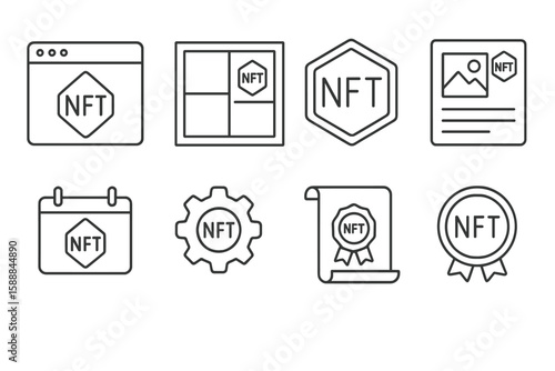 Nft line icon set. blockchain, digital art collection with cryptocurrency symbols