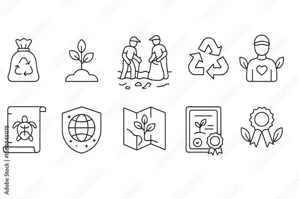 Fototapeta premium Sustainability and environment line icon set. eco-friendly, conservation, recycling symbols