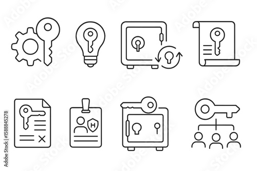 Security and access line icon set. keys, locks, and safe symbols collection