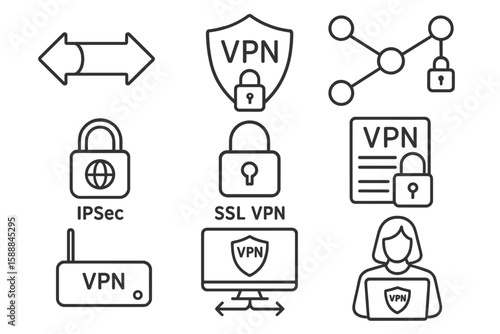 Vpn security icon set. ssl, network protection icons outline collection