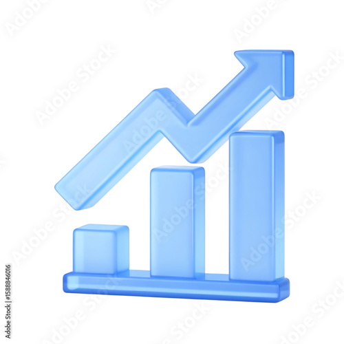 3d blue glowing bar chart with upward trending arrow indicating business growth and success isolated on transparent background