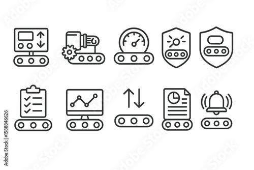Technology and automation line icon set for innovation and industry solutions