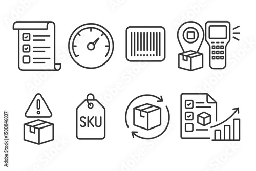 Logistics and inventory management icon set. barcode, delivery icons outline collection