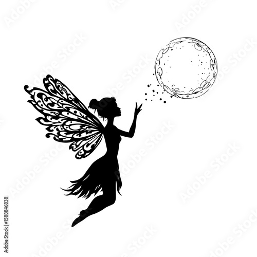 Dancing angel woman silhouette illustration with flowing hair and heart-shaped wings, a beautiful vector art design