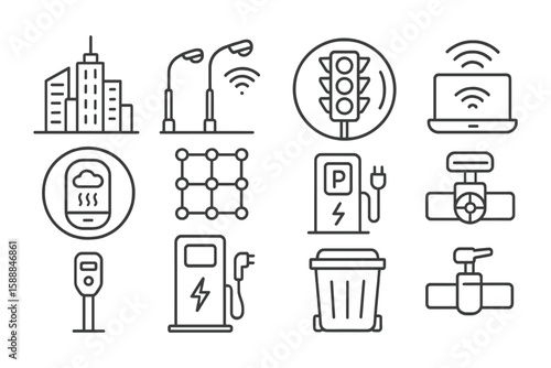 Smart city and technology linear icon set: infrastructure, energy, iot