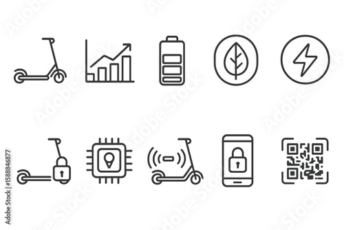 Electric scooter, battery, and security linear icon set. mobility tech outline symbols