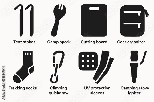 Camping essentials solid icon set. outdoor gear, hiking tools, trekking supplies collection