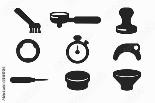 Coffee tools silhouette icon set. brewing, equipment, espresso accessories collection