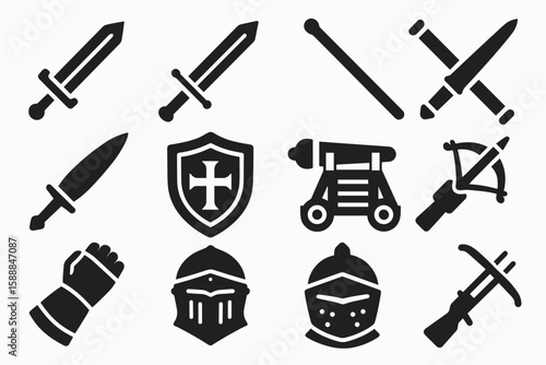 Medieval weapons solid icon set. swords, shields, helmets, armor collection