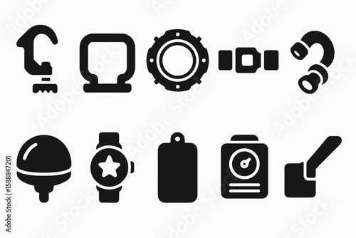 Industrial equipment solid icon set. machinery, tools, mechanical icons collection.