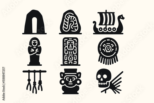 Ancient history solid icon set. archeology, artifact symbols solid collection
