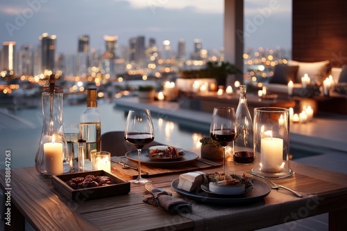 Romantic evening dinner by candlelight with city skyline view