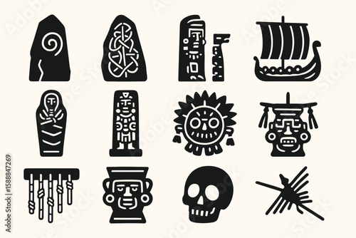 Ancient history silhouette icon set. archaeology, civilization symbols collection