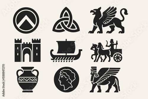Ancient mythology silhouette icon set. mythical creatures, symbols silhouette collection