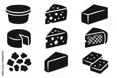 Cheese and dairy solid icon set. milk, feta, gouda, parmesan, cheddar graphics