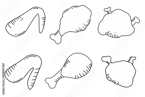 A collection of cartoon-style fried chicken parts, including wings, drumsticks, and breasts. Perfect for fast food design themes, restaurant menus, food icons, or culinary illustrations.