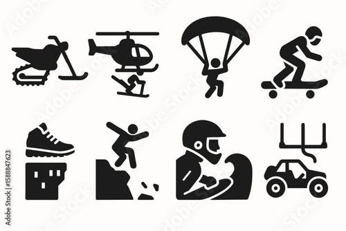 Adventure sports silhouette icon set. skateboarding, climbing, outdoor activities icons