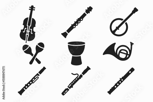 Music instruments silhouette icon set. guitar, drum, violin, horn, clarinet icons
